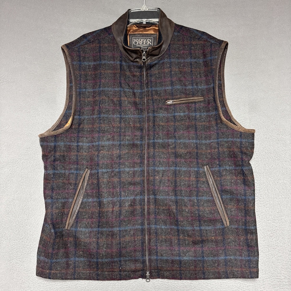 Madison Creek Ashville Vest Men XXL Woolen Plaid Leather Trim Abraham Moon Lodge